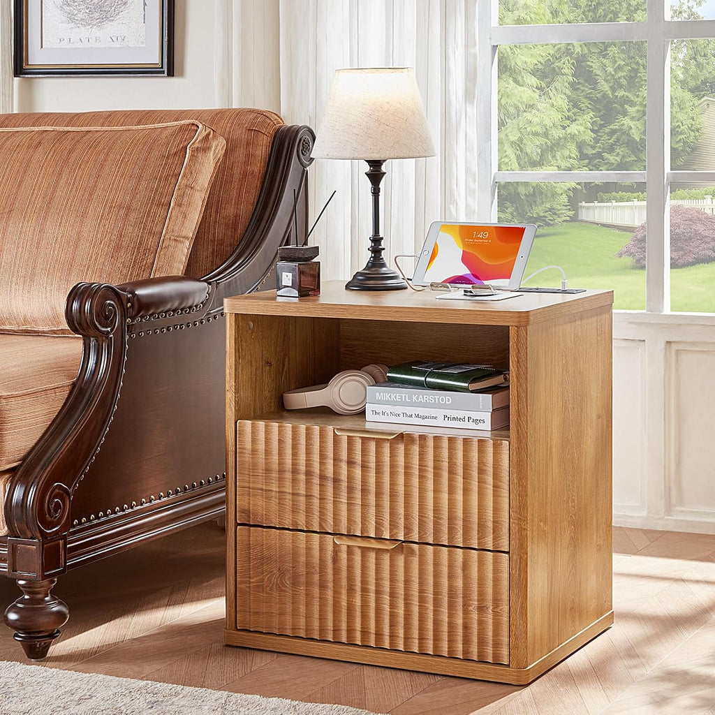 LEYAOYAO Fluted Dresser and Nightstand Sets, Wood 48' Wide Dresser & 23' Night Stand with Charging Station, 2 Piece Bedroom Furniture Set, Chest of Drawers for Bedroom, Home, Living Room,Brown