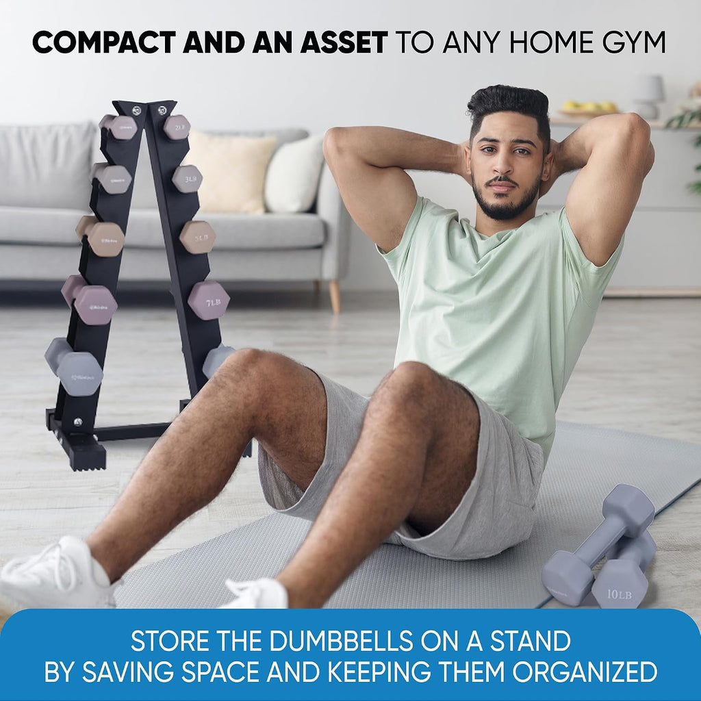 Dumbbell Set with Rack - Neoprene Coated Weights - Hex Color Coded Dumbell Pairs 1-20 LBs