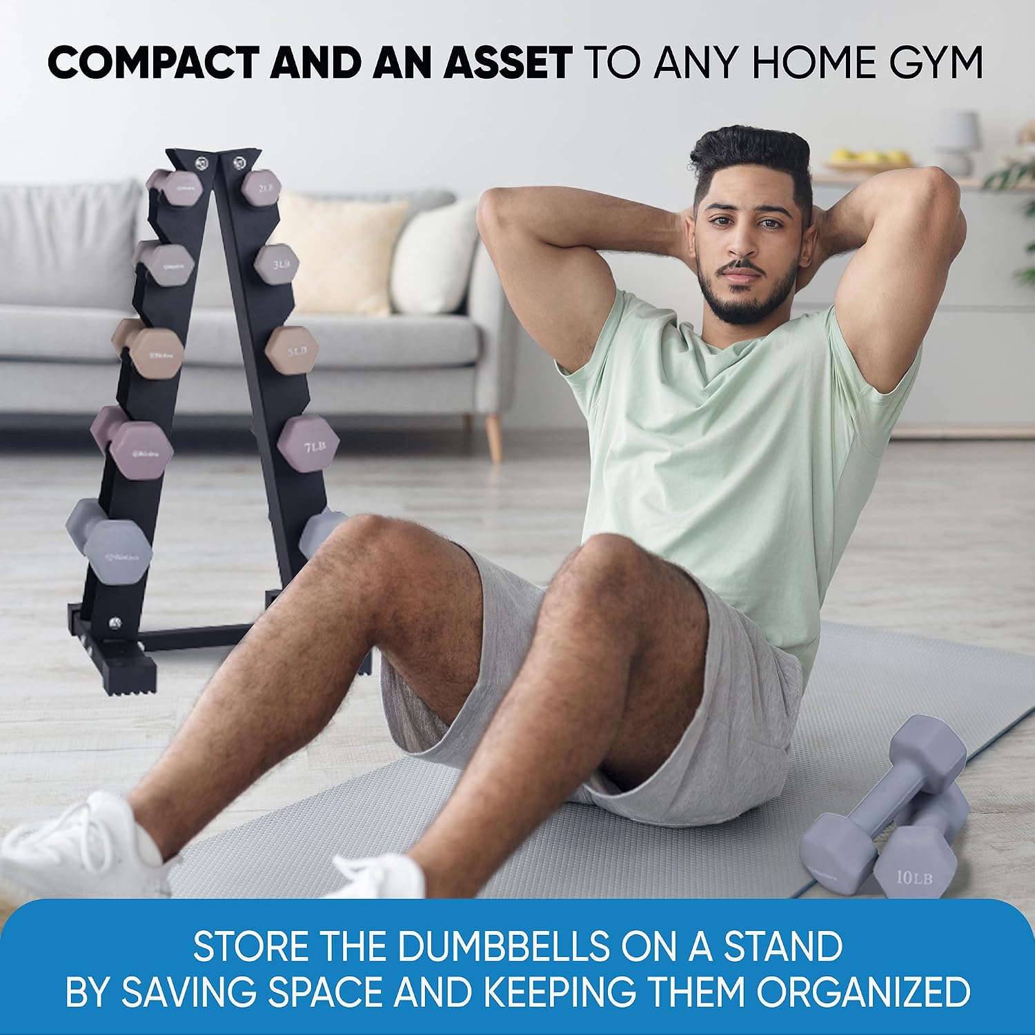 Dumbbell Set with Rack - Neoprene Coated Weights - Hex Color Coded Dumbell Pairs 1-20 LBs