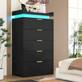 knoworld Tall Dresser for Bedroom, Black Dresser with LED Lights, Wood 5 Drawer Chest with Power Outlet, Modern Chest of Drawers for Bedroom, Living Room, Entryway, Hallway