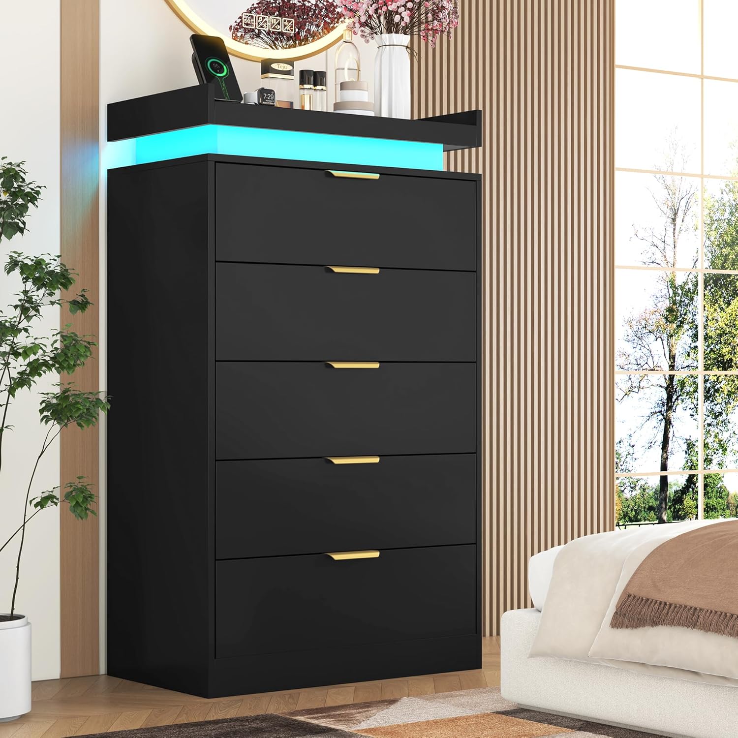 knoworld Tall Dresser for Bedroom, Black Dresser with LED Lights, Wood 5 Drawer Chest with Power Outlet, Modern Chest of Drawers for Bedroom, Living Room, Entryway, Hallway