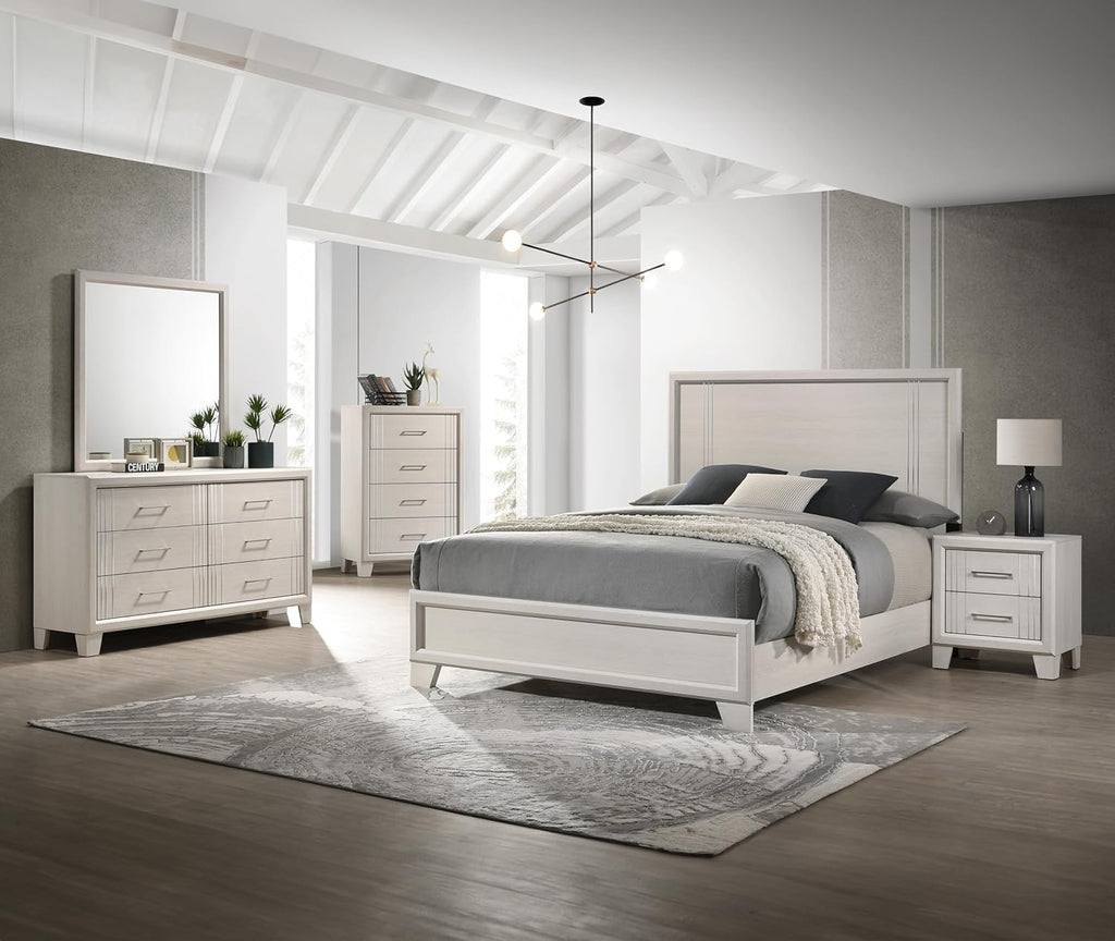 Beautiful Lustrous White Cream Finish Full Size Panel Bed Wooden 3pc Bedroom Set