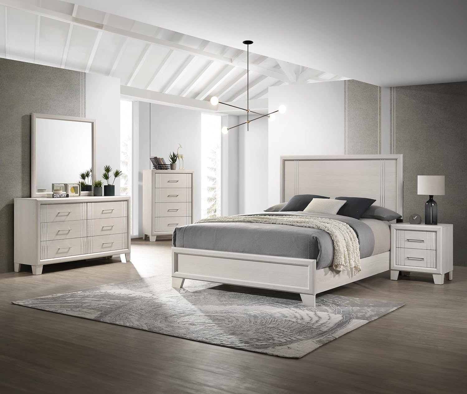 Beautiful Lustrous White Cream Finish Full Size Panel Bed Wooden 3pc Bedroom Set