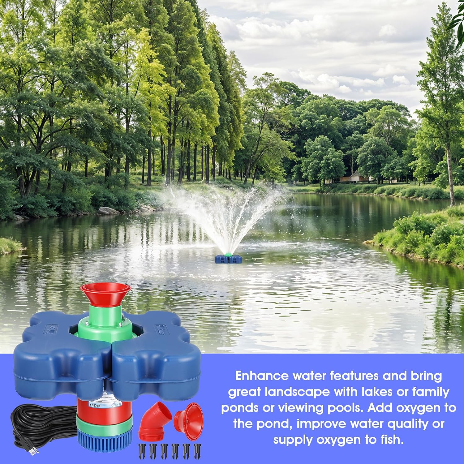 Pond Fountain Aerator with Time Controller-15000 GPH,110V 1HP 750W Floating Fountain Aeration System for Large Ponds,Aerating Fountain Pump for Outdoor Ponds & Lakes with 15A/100FT Power Cord
