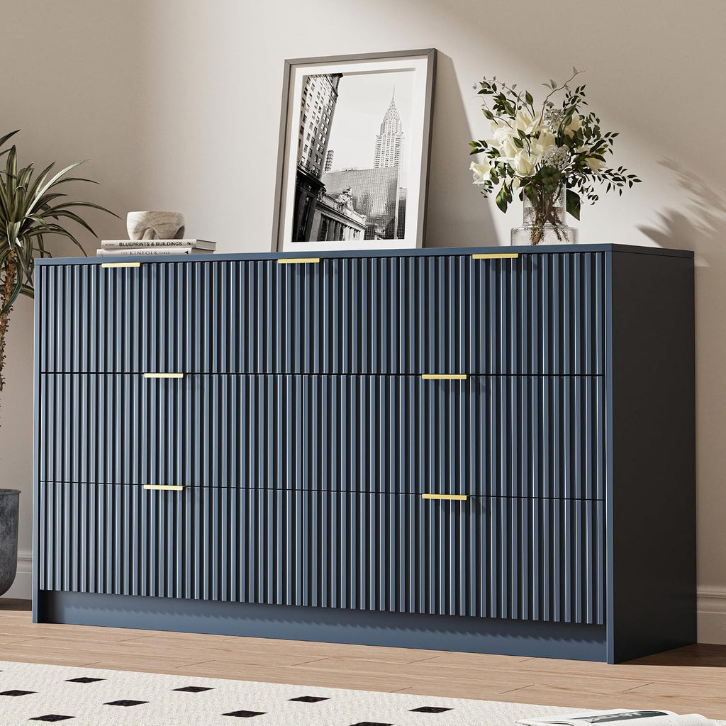 MAISONARIA Navy 7 Drawer Dresser for Bedroom, 55.9' Wide Modern Fluted Dresser with Gold Metal Handles, Large Chest of Drawers for Bedroom, Living Room, Entryway, Hallway