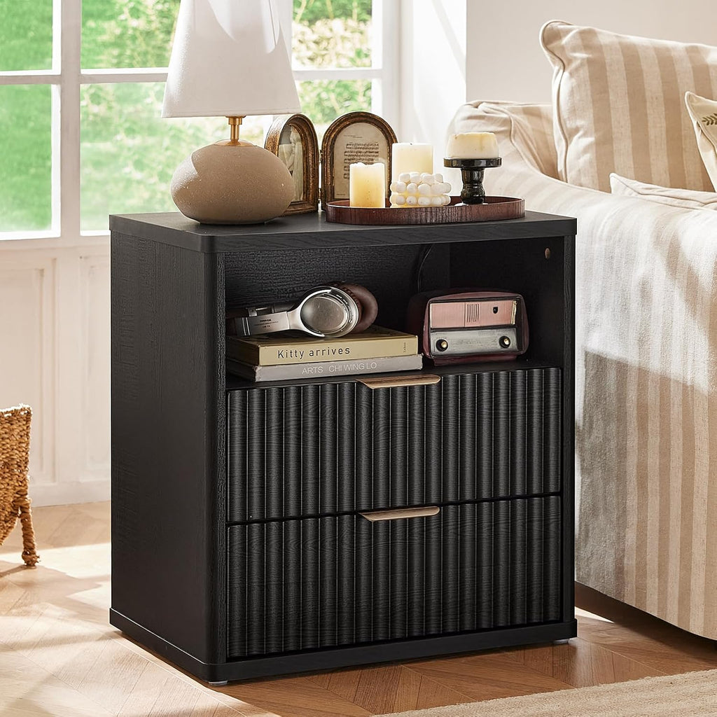 LEYAOYAO Fluted Dresser and 2 Drawers Nightstand Set of 2, Wood 48' Wide Dresser & 23' Night Stand with Charging Station, 3 Piece Bedroom Furniture Set, Chest of Drawers for Home,Living Room,Black