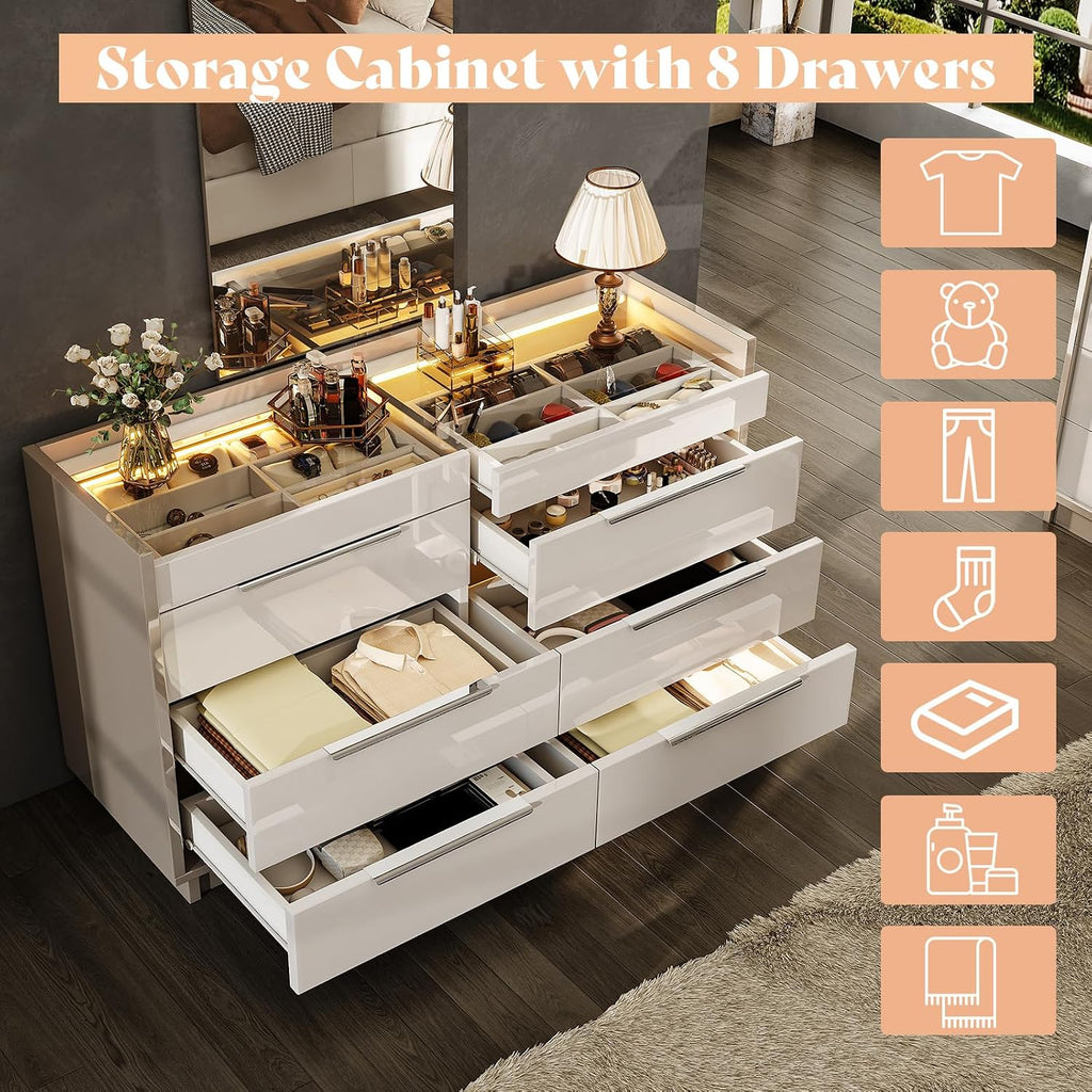 AMERLIFE 47.2' 8 Drawer Dresser with LED Light, Modern High Gloss Chest of Drawers with Glass Tabletop & 2 Six-Grid Jewelry Drawers, for Bedroom, Living Room, Dressing Room, Cream & Grey
