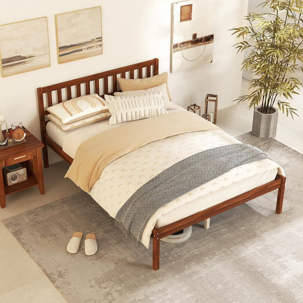 KOMFOTT Full Size Wood Platform Bed Frame with Headboard, 16-Inch Mid-Century Wooden Bed Frame with Slats Support & 12' Under Bed Storage Space, Retro Mattress Foundation, No Box Spring Needed