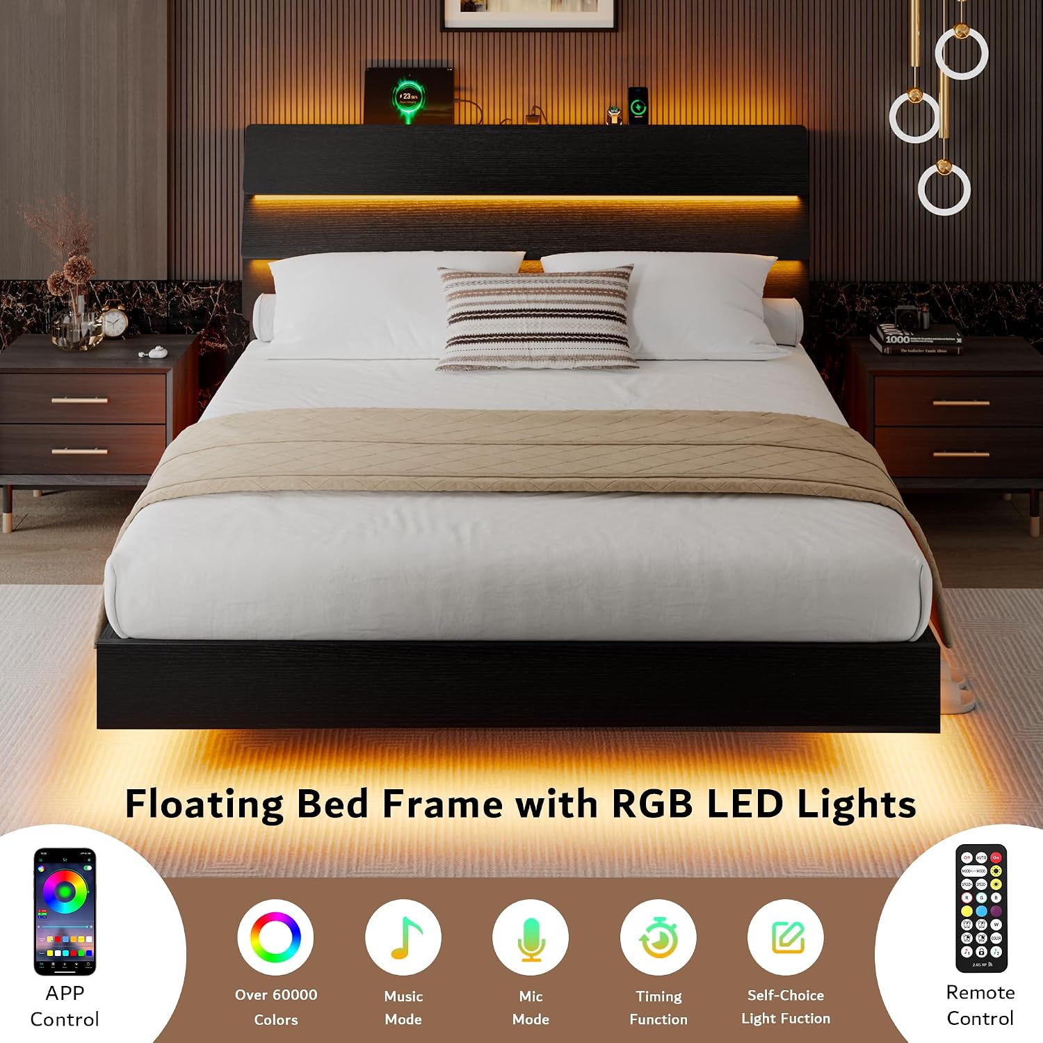 iPormis Floating Full Size Bed Frame with LED Lights & Charging Station, Platform Bed with Wooden Storage Headboard, Steel Slats Support, No Box Spring Needed, Easy Assembly, Noise-Free, Black