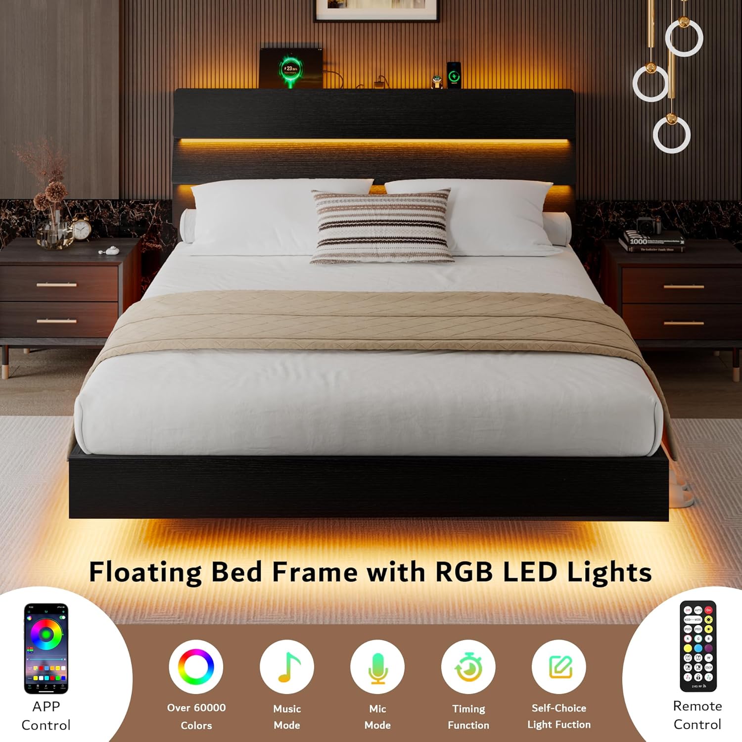 iPormis Queen Floating Bed Frame with LED Lights & Charging Station, Platform Bed with Wooden Storage Headboard, Steel Slats Support, No Box Spring Needed, Easy Assembly, Noise-Free, Black