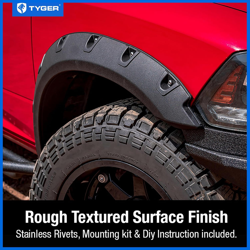 Tyger Auto Fender Flare Compatible with 2009-2018 Dodge Ram 1500; 2019-2024 Classic (Not fit R/T Rebel Warlock), Rough Textured Black Bolt-Riveted Style 4pc | TG-FF8D4147