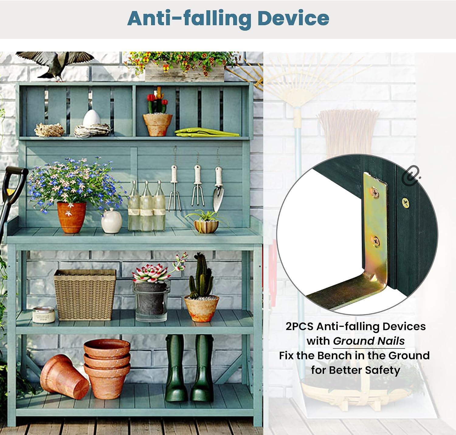 65' Large Wooden Farmhouse Rustic Outdoor Potting Bench Table, Patio Workstation, Garden Potting Bench with 4 Storage Shelves and Side Hook,for Outdoor Indoor Use (A)