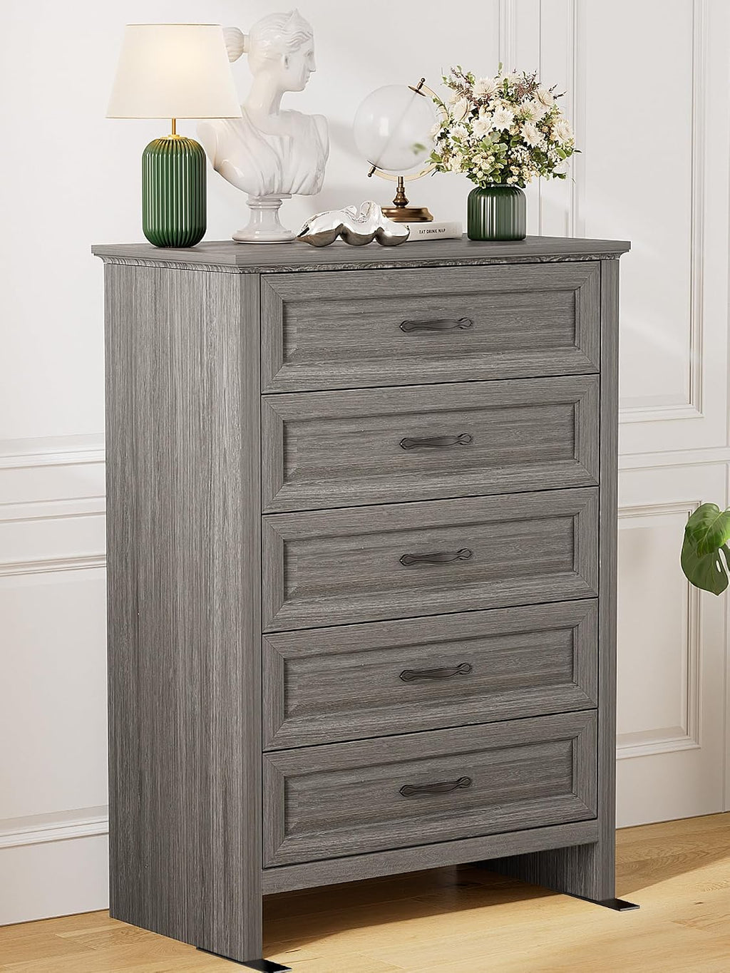 Pipishell Grey 5 Drawers Dresser Chests for Bedroom, 42.7 Inch Tall Wooden Dresser, Farmhouse Storgae Organizer with Large Drawers & Bar Handles for Bedroom, Entryway, Hallway, Grey