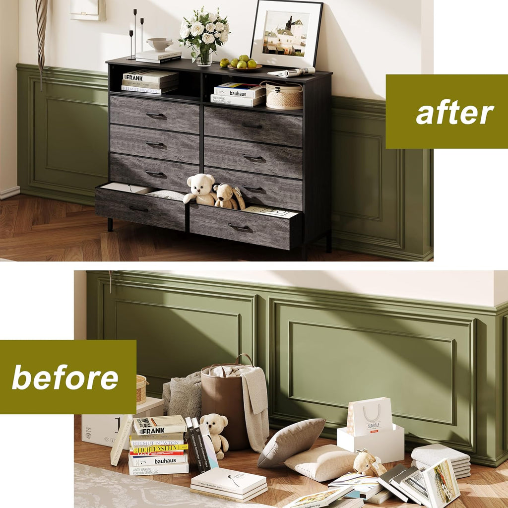 Dresser for Bedroom Grey Bedroom Dresser with LED Lights and Charging Station, 8 Long Fabric Drawers Dressers, Vertical Chest of Drawers Storage Organizer TV Stand for up to 60' TV for Living Room