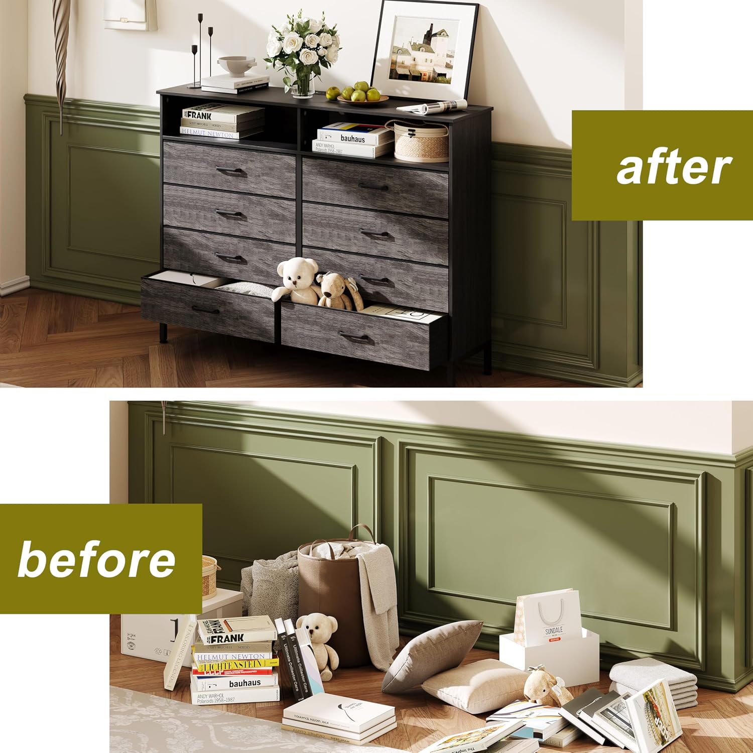 Dresser for Bedroom Grey Bedroom Dresser with LED Lights and Charging Station, 8 Long Fabric Drawers Dressers, Vertical Chest of Drawers Storage Organizer TV Stand for up to 60' TV for Living Room