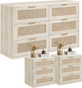 LEYAOYAO Rattan Dresser and Nightstand Sets 3 Piece, Boho Wood Dresser for Bedroom with 6 Drawers and Night Stand with 3 Drawer, Bedroom Furniture, Dressers & Chests of Drawers, Living Room, Hallway