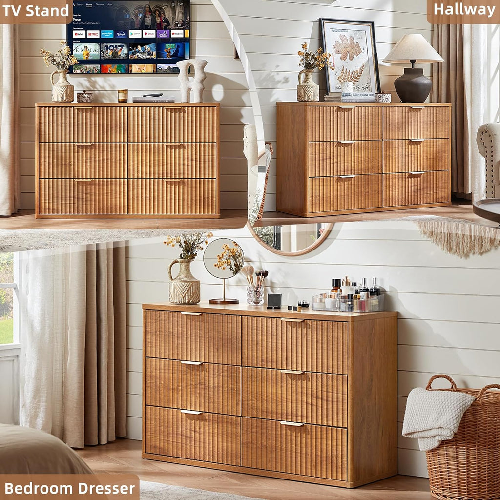 LEYAOYAO Fluted Dresser and Nightstand Sets, Wood 48' Wide Dresser & 23' Night Stand with Charging Station, 2 Piece Bedroom Furniture Set, Chest of Drawers for Bedroom, Home, Living Room,Brown