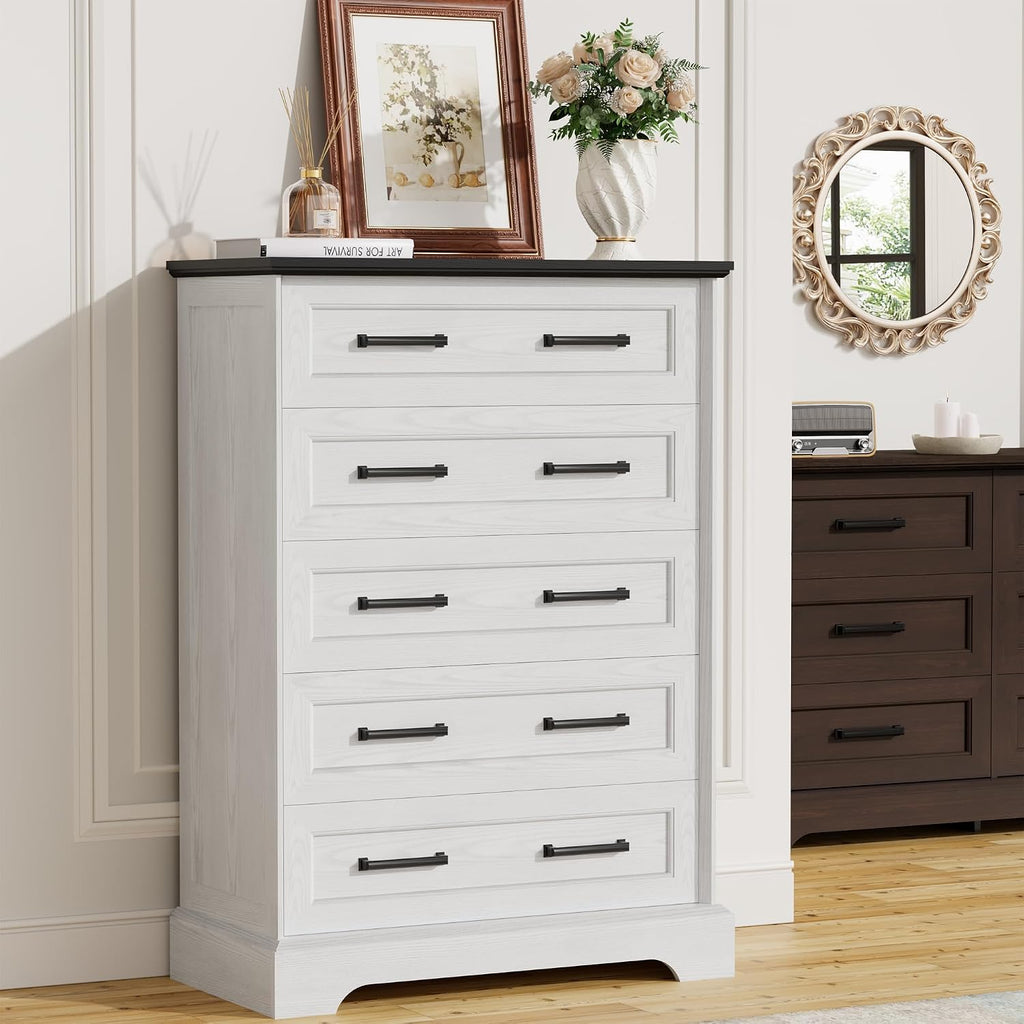 Furmax Farmhouse Dresser for Bedroom, 5 Drawers Dresser, Wood Chest of Drawers, 31.5' Wide Storage Dressers Organizer for Bedroom, Living Room (White and Black)
