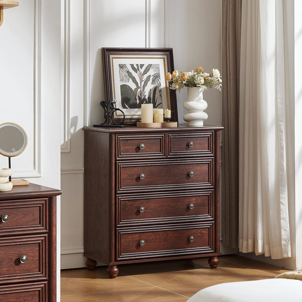 RWYHG Farmhouse 5 Drawer Dresser for Bedroom, 35.5' Walnut Tall Small Dressers & Chest of Drawers, Rustic Wood Dresser with Roman Column, Storage Organizer for Living Room, Hallway, Closet