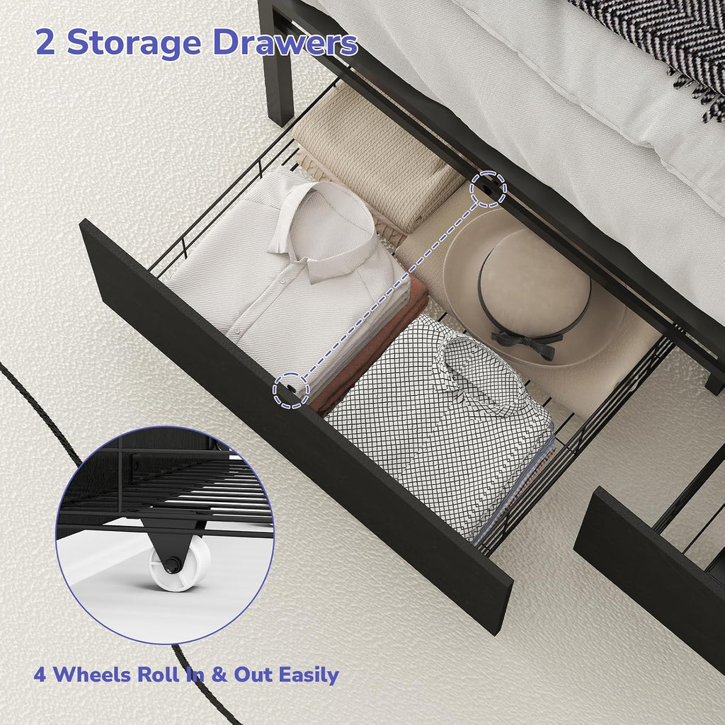Zevemomo Full Bed Frame with 2 Storage Drawers, Bed Frame Full Size with Headboard, LED Light, Charging Station with 2 USB Ports & 2 AC Ports, Noiseless, Black