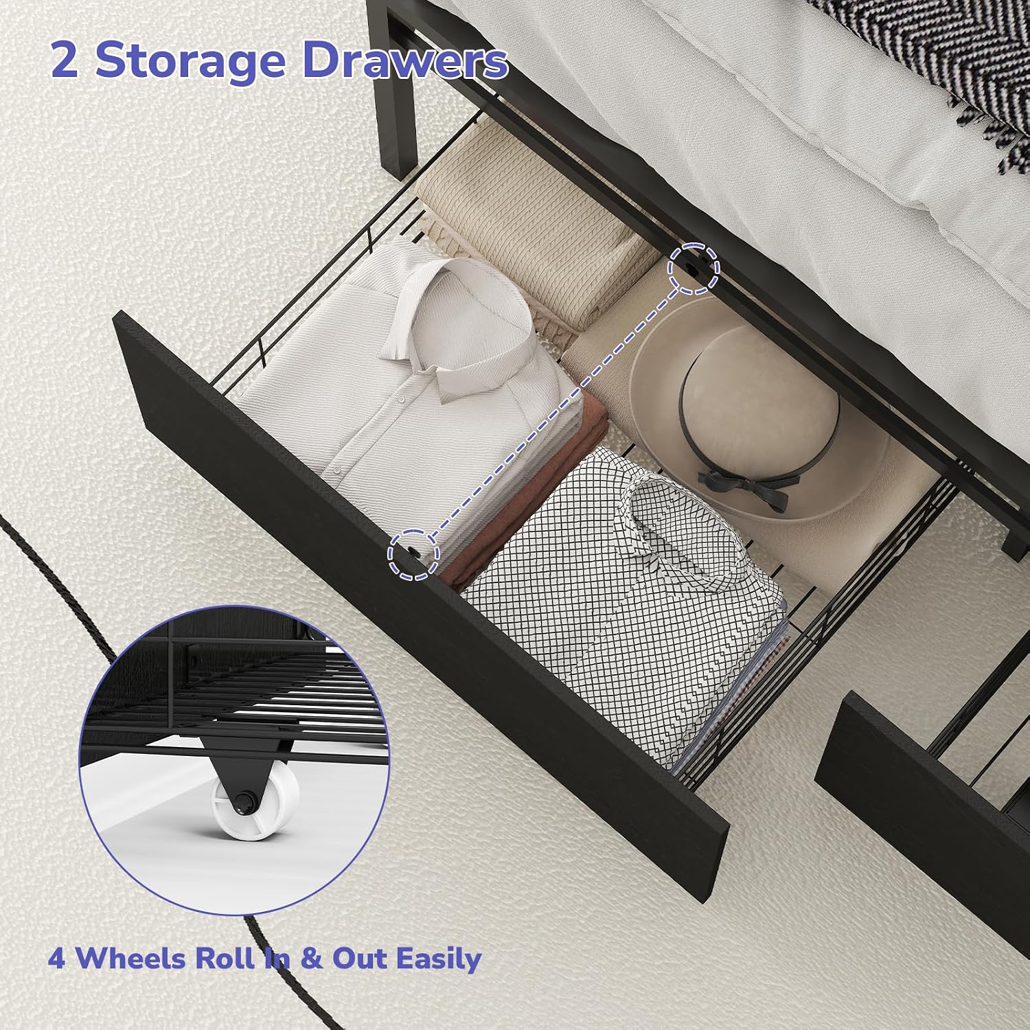 Zevemomo Full Bed Frame with 2 Storage Drawers, Bed Frame Full Size with Headboard, LED Light, Charging Station with 2 USB Ports & 2 AC Ports, Noiseless, Black
