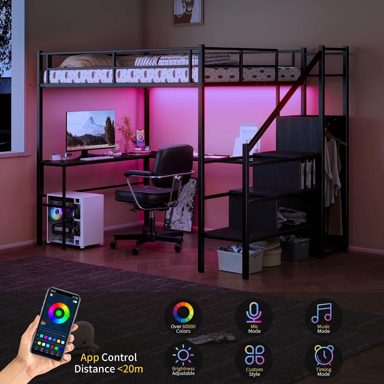 Full Size Loft Bed with L-Shaped Desk and Built-in Storage Shelves & Wardrob, Convertible Stairs, Metal Loft Bed Frame with LED Light & Charging Station, for Teens/Adults (Black)