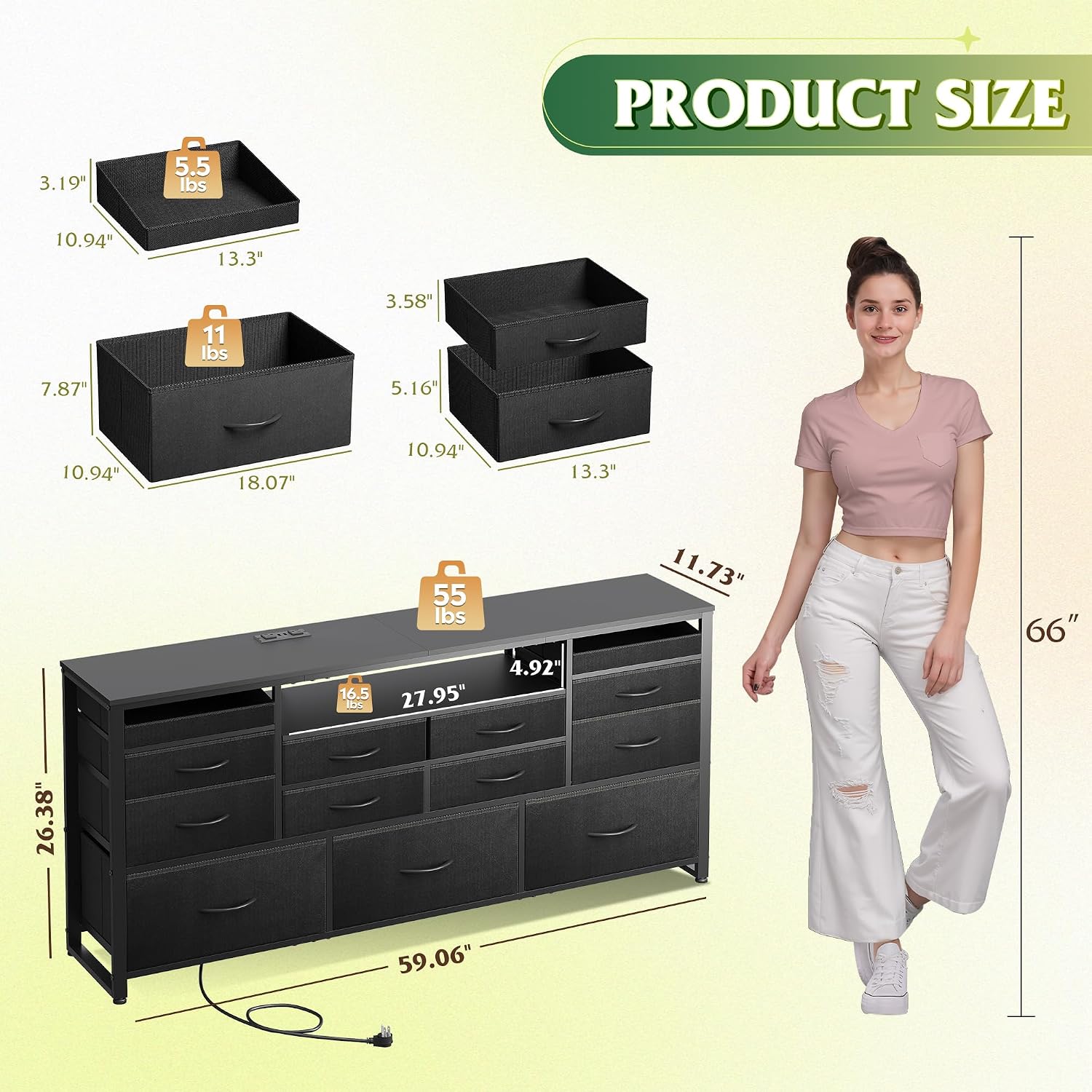 WLIVE Long Dresser for Bedroom, TV Stand for 55, 60, 65 Inch TV, 13 Drawer Wide Fabric Dresser with Wood Top, Large Storage Chest of Drawers for Living Room, Hallway, Closet, Black