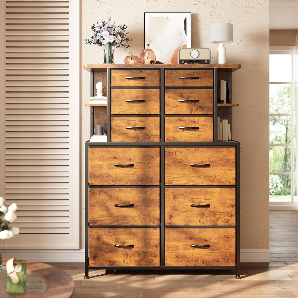 Dresser for Bedroom with 12 Drawers & LED Lights,4 Open Storage Shelves, Fabric Dressers & Chests of Drawers for Living Room, Entryway, Dorm, Wood Top,45.2' H x 35.4' W x 11.8' D, Rustic Brown