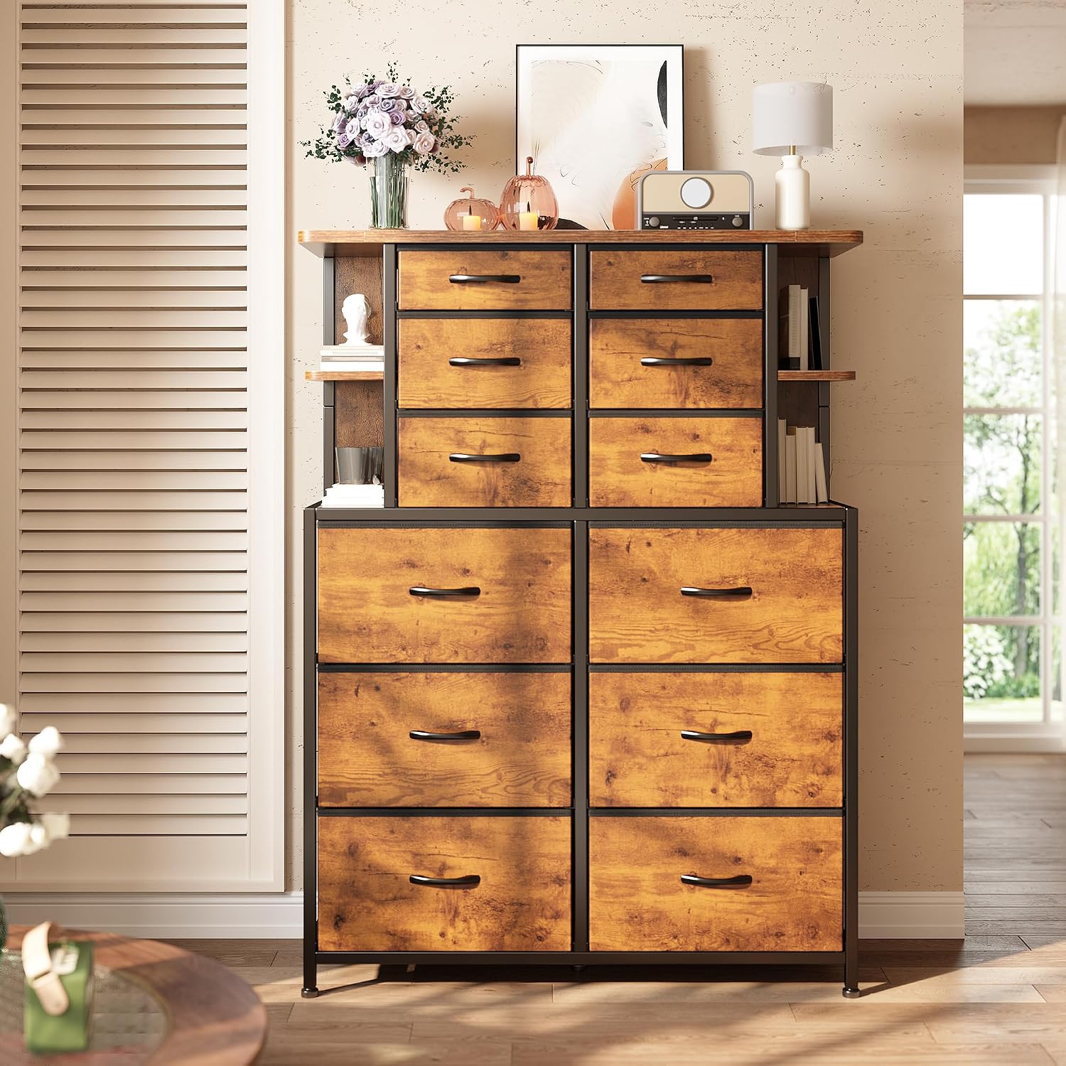 Dresser for Bedroom with 12 Drawers & LED Lights,4 Open Storage Shelves, Fabric Dressers & Chests of Drawers for Living Room, Entryway, Dorm, Wood Top,45.2' H x 35.4' W x 11.8' D, Rustic Brown