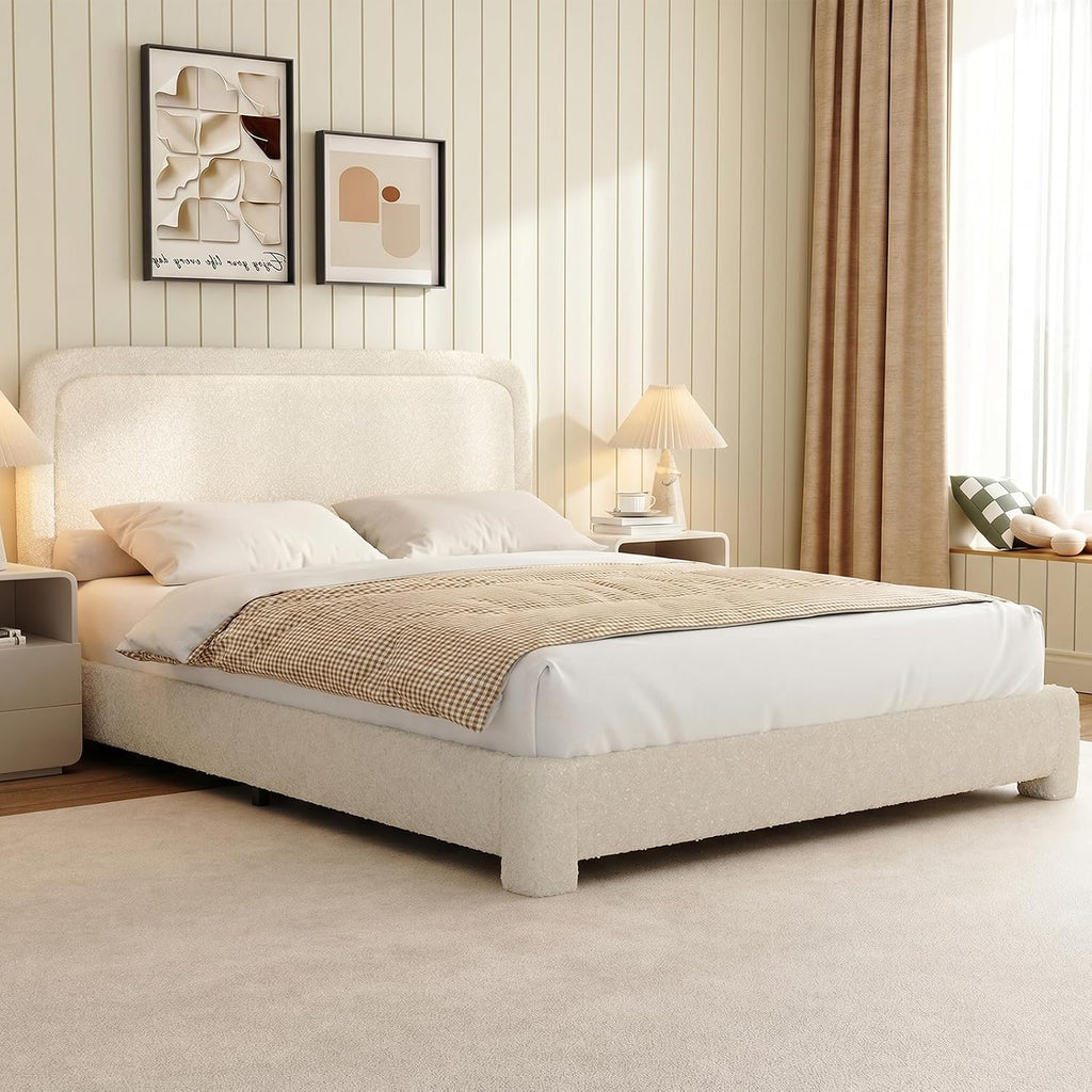 WEUP King Size Boucle Bed Frame, Soft Upholstered Cloud Bed Frame with Headboard, Rounded Corners, No Box Spring Required, Adjustable Headboard, Easy Assembly