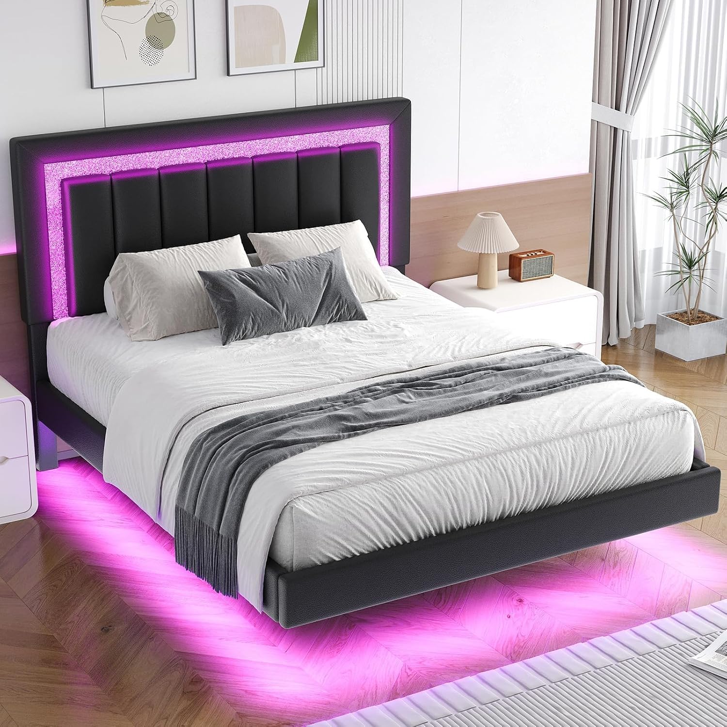 HOMBCK Floating Bed Frame Queen with Smart LED Lights, Faux Leather Upholstered Bed Frame Queen Size with Diamond Headboard, No Box Spring Needed, Noise Free, Easy Assembly, Black