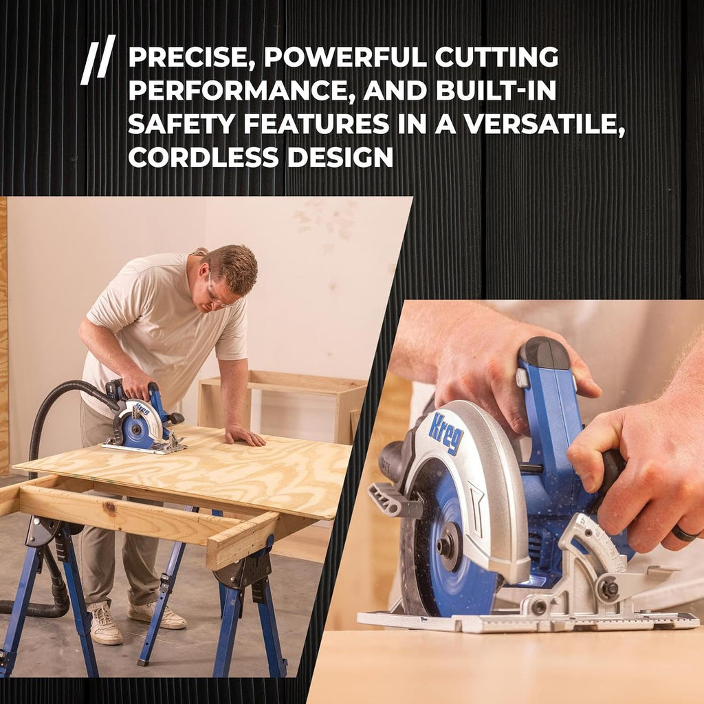Kreg 20V Ionic Drive 7 1/4' Circular Saw, 20V Blue Ion Charger & Blue Ion 4Ah Battery Pack - Powerful Brushless Motor & Built-In Safety Features - LED for Cutline Visibility - KPTBCS725A