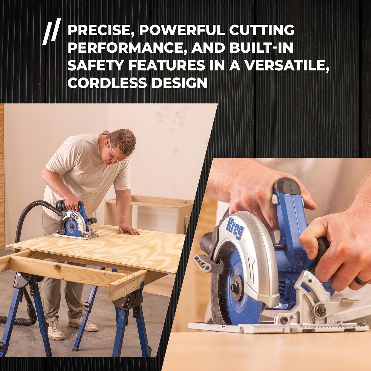 Kreg 20V Ionic Drive 7 1/4' Circular Saw, 20V Blue Ion Charger & Blue Ion 4Ah Battery Pack - Powerful Brushless Motor & Built-In Safety Features - LED for Cutline Visibility - KPTBCS725A