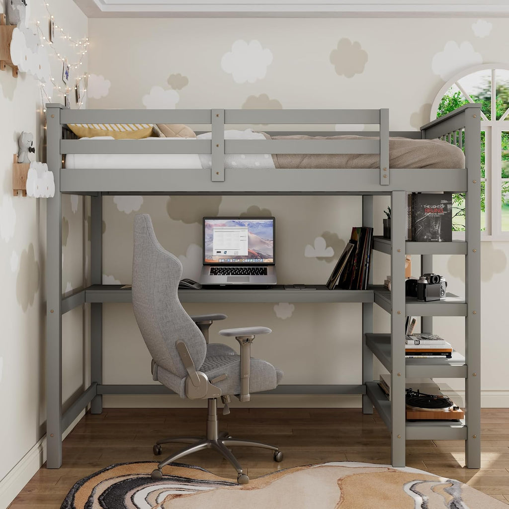 Merax Wood Loft Bed with Desk : Full Size Loft Bed with 4-Storage Shelves and Under Bed Desk Solid Wood Bed, Grey