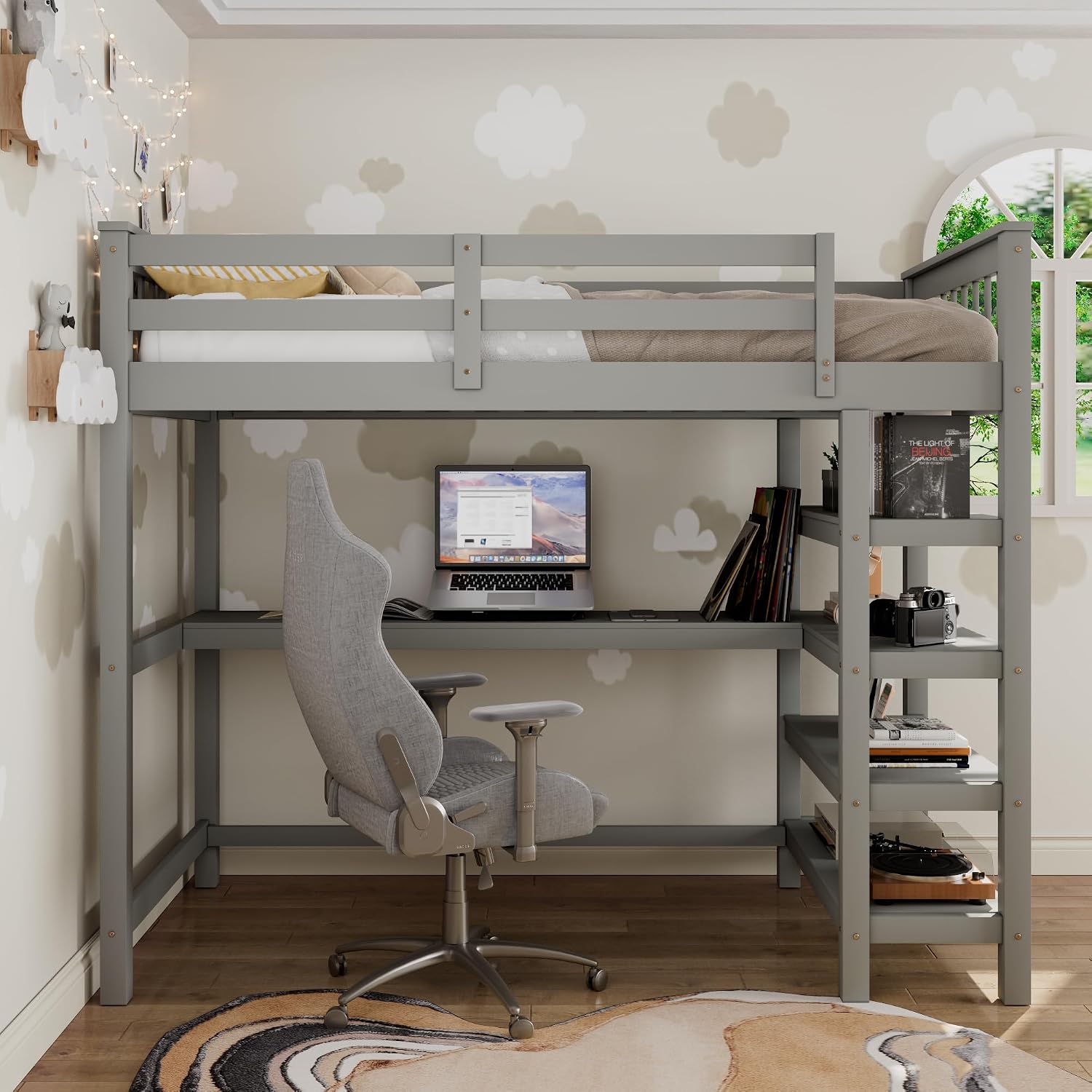 Merax Wood Loft Bed with Desk : Full Size Loft Bed with 4-Storage Shelves and Under Bed Desk Solid Wood Bed, Grey