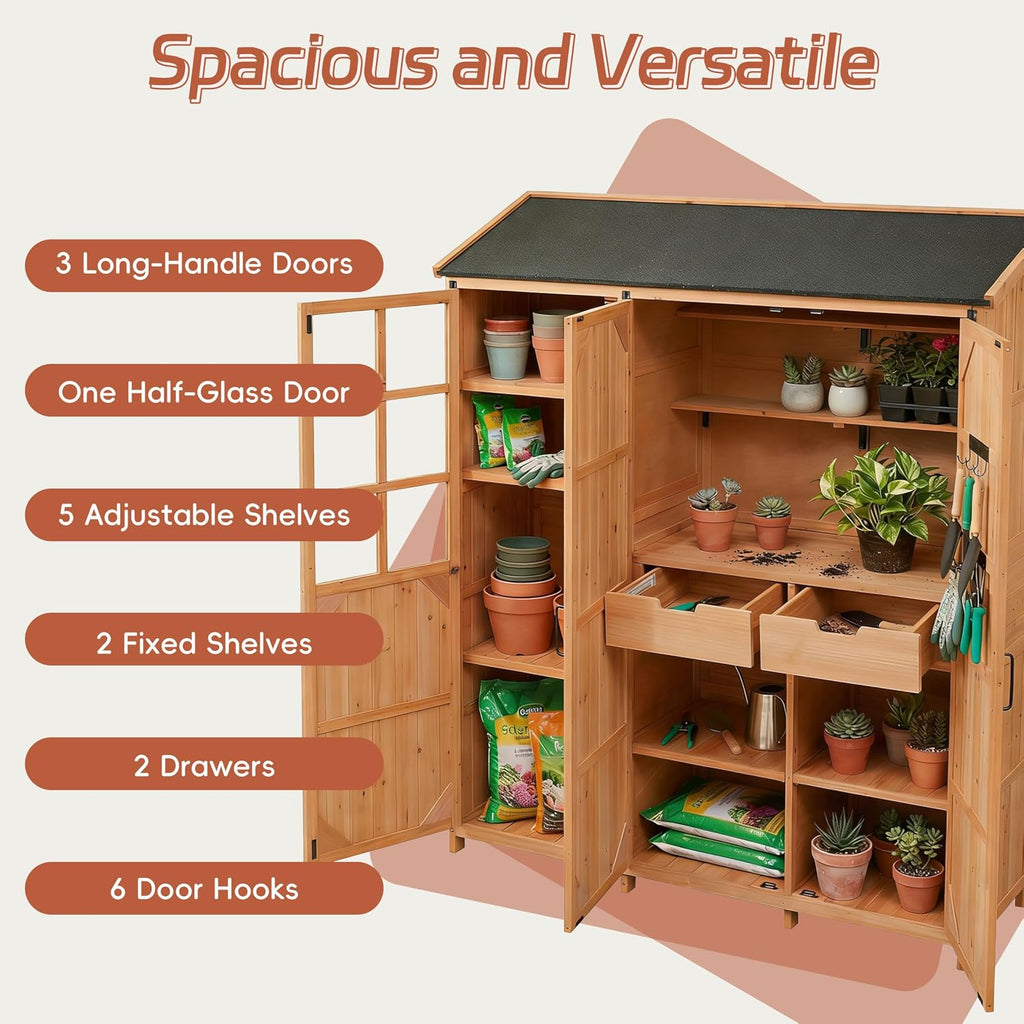Outdoor Potting Bench Large Wood Garden Storage Cabinet with Waterproof Roof 3-Door Potting Table for Backyard Patio and Garden Organization,Natural