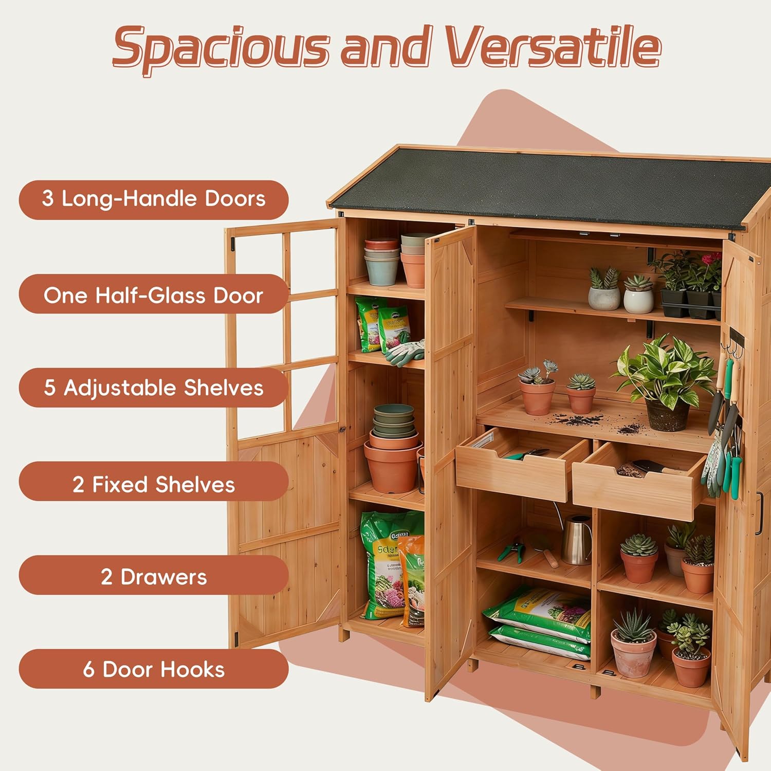 Outdoor Potting Bench Large Wood Garden Storage Cabinet with Waterproof Roof 3-Door Potting Table for Backyard Patio and Garden Organization,Natural