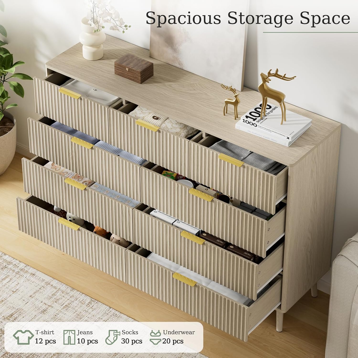 LYNSOM Fluted 9 Drawer Dresser for Bedroom, 55' Wide Modern Chest of Drawers with Curved Profile Design and Metal Handles, Wood Dresser TV Stand & Storage Organizer for Bedroom, Hallway, Beige