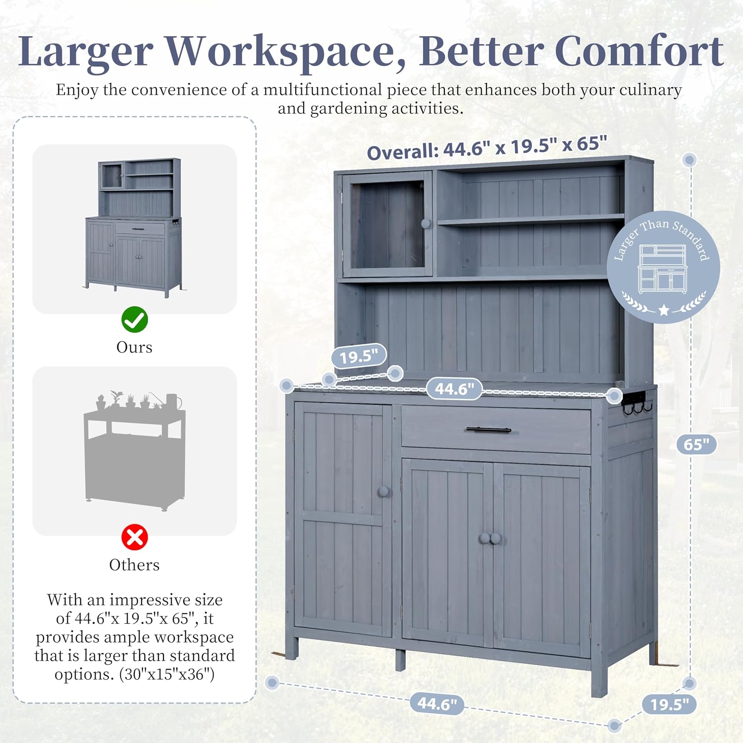 Outdoor Potting Bench Table with Hutch,65' H Solid Fir Wood Garden Workstation, Patio Storage Workstation with Adjustable Shelves, Spice Rack, Side Hook and Drawer, for Mudroom, Doorway (Gray)