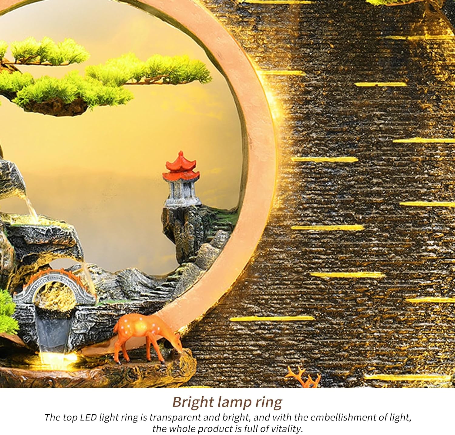 Indoor Outdoor Resin Fountain with LED Light Ring – Round Landscape Waterfall Feature with Pump, Bonsai & Gourd Decor – 6.07ft Tall Large Decorative Water Sculpture(B Large)