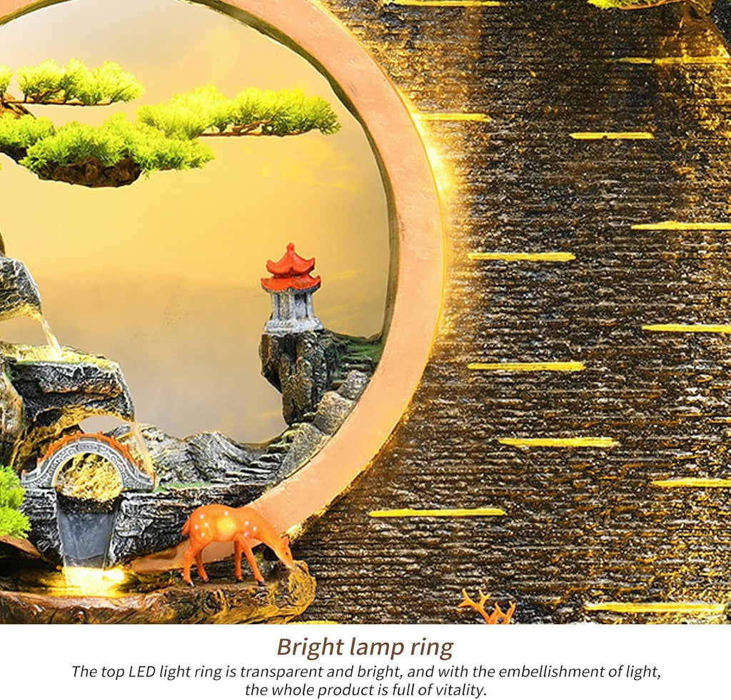 Indoor Outdoor Resin Fountain with LED Light Ring – Round Landscape Waterfall Feature with Pump, Bonsai & Gourd Decor – 6.07ft Tall Large Decorative Water Sculpture(A Large)