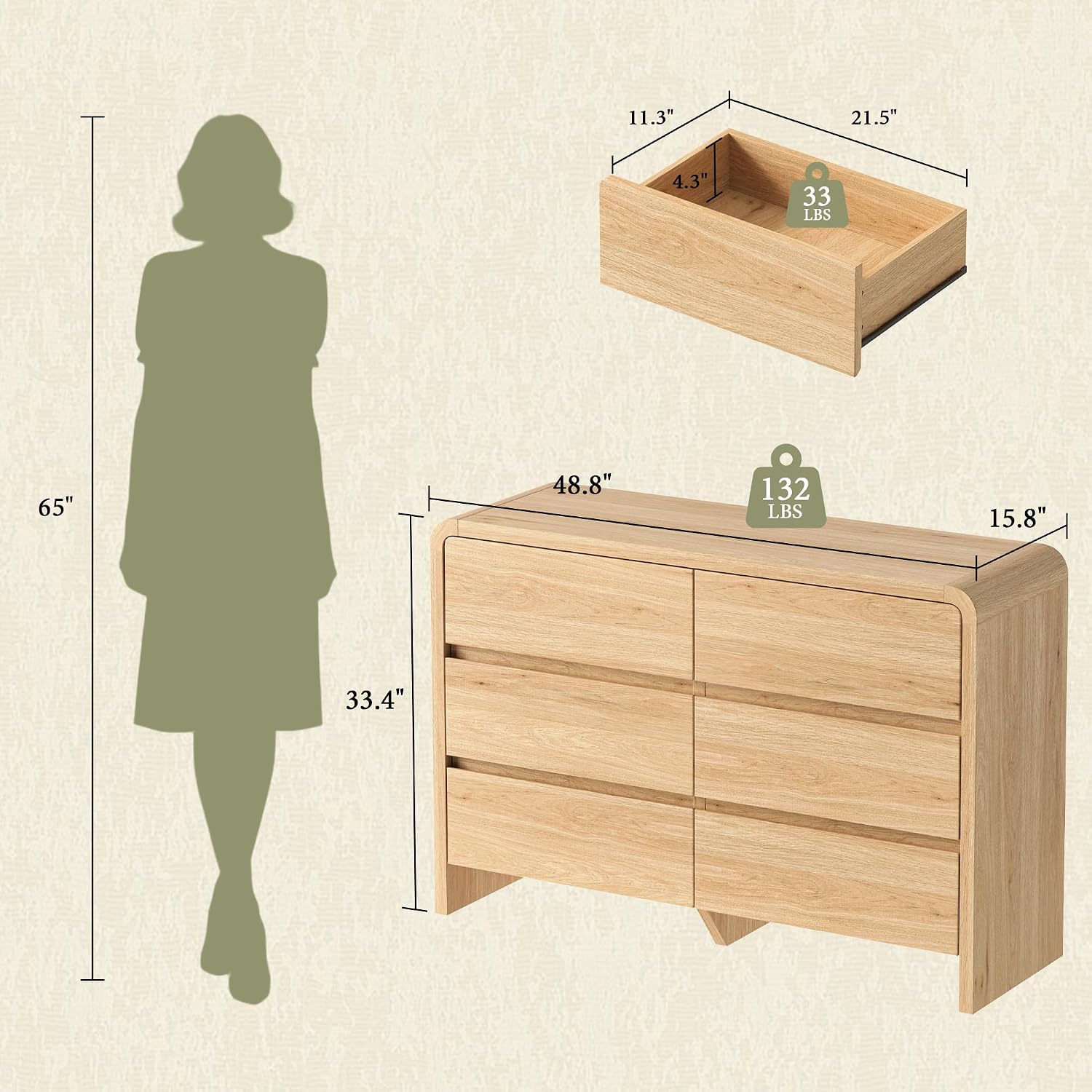 AMERLIFE 6 Drawer Dresser for Bedroom, 49' Wide Modern Storage Cabinet with Rounded Edges & Anti-Tip Kit, Wood Chest of Drawers for Closet, Hallway or Nursery, Easy Assembly, Light Oak Finish