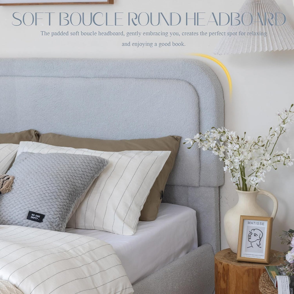 Yechen Boucle Cloud Full Bed Frame with Round Corner Headboard, Upholstered Soft Creamy Bedframe with Solid Wood Legs, Boho Fluffy Bed with Wooden Slats, Easy Assembly, No Box Spring Needed, Grey