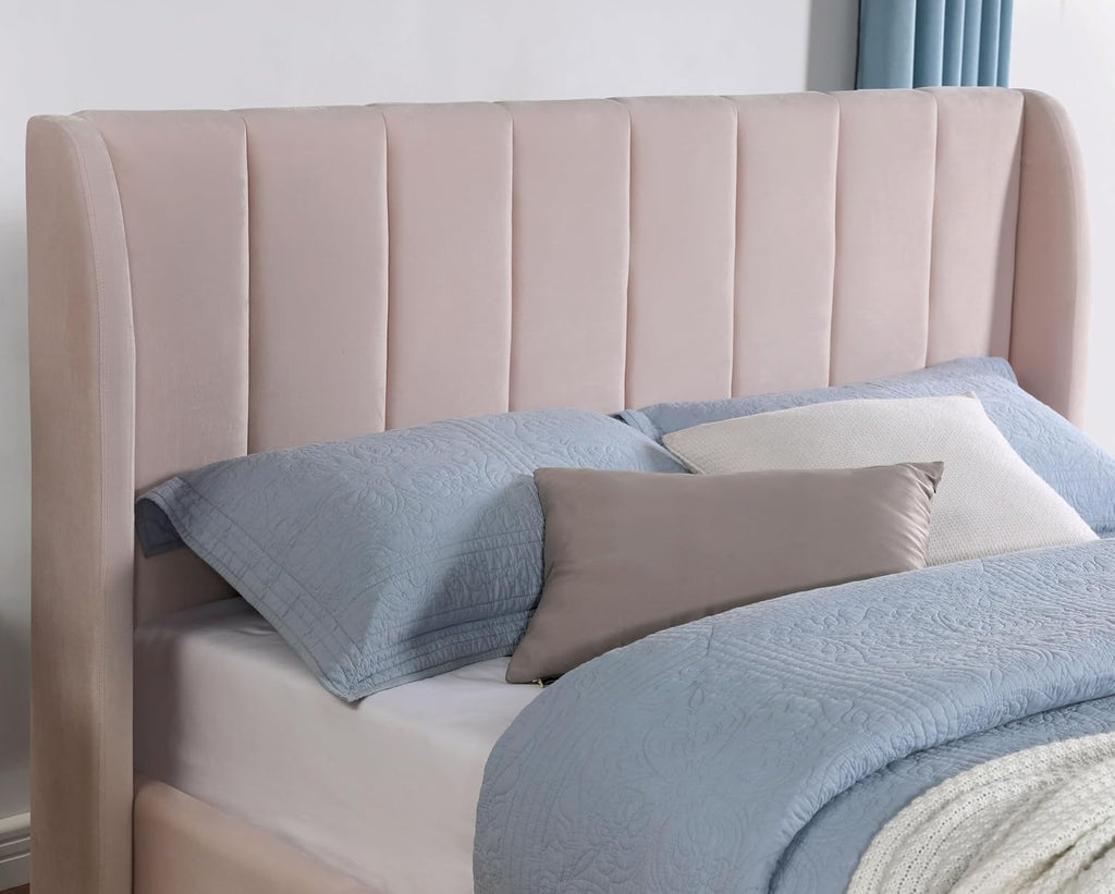 Furniture of America Navena Fabric Upholstered Queen-Size Platform Bed with Wingback Design and Channel Tufting, Gold Metal Legs, No Box Spring Required for Bedroom, Guest Room, Light Pink