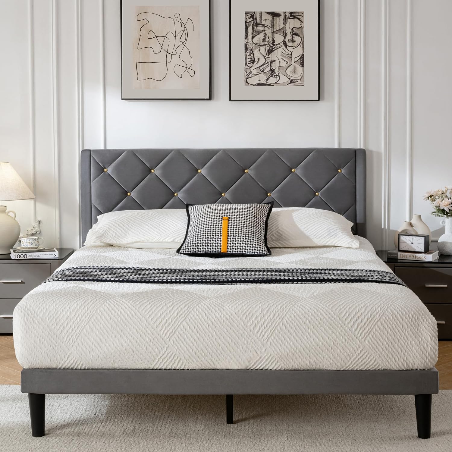 Full Size Platform Bed Frame with Velvet Headboard, Sturdy Wooden Slats Support, Mattress Foundation, No Box Spring Required, Non-Slip and Noise-Free,Easy Assembly, Grey