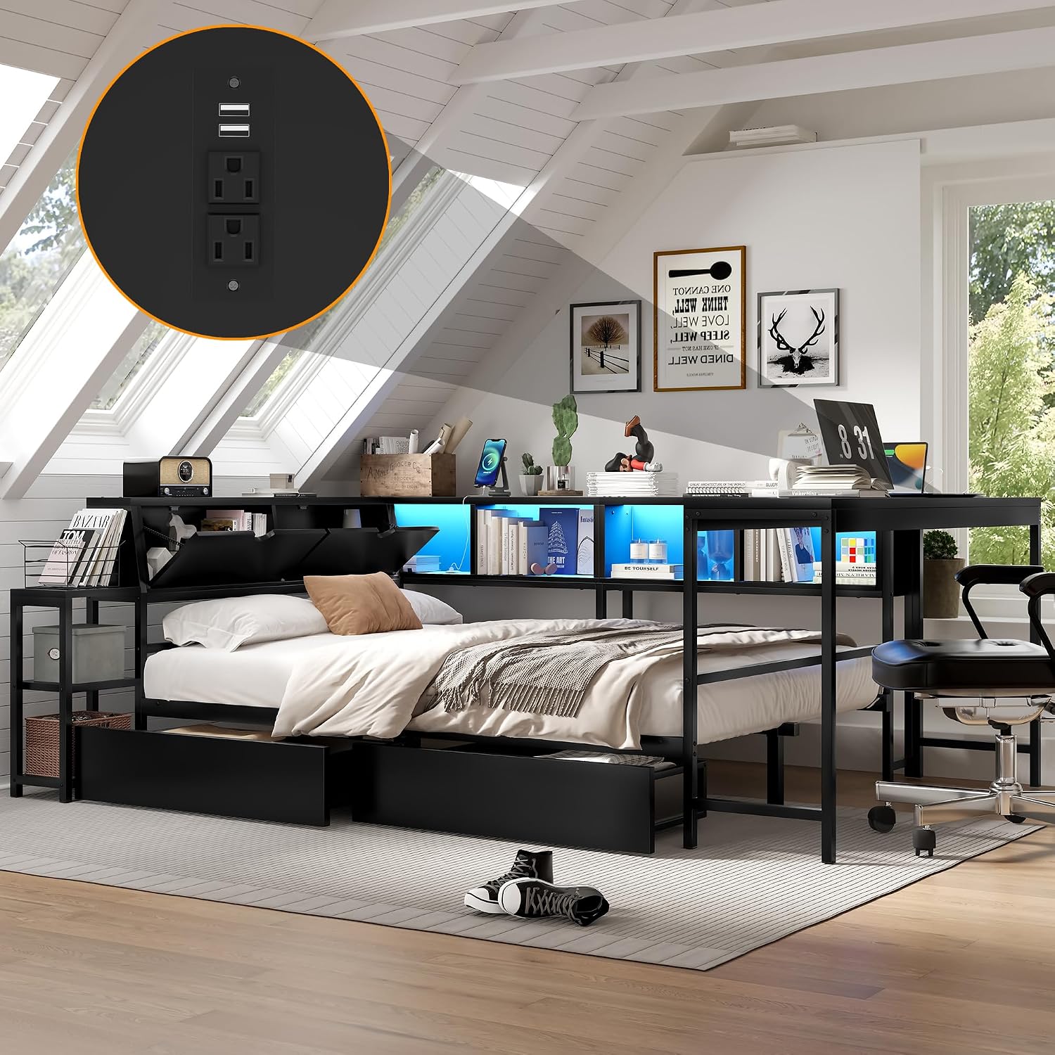 Bellemave Full Corner Bed Frame with Desk and Storage, Full Size Captains Bed with Charging Station and LED Light, Wood Daybeds with L-Shaped Bookcase and 2 Drawers, Black