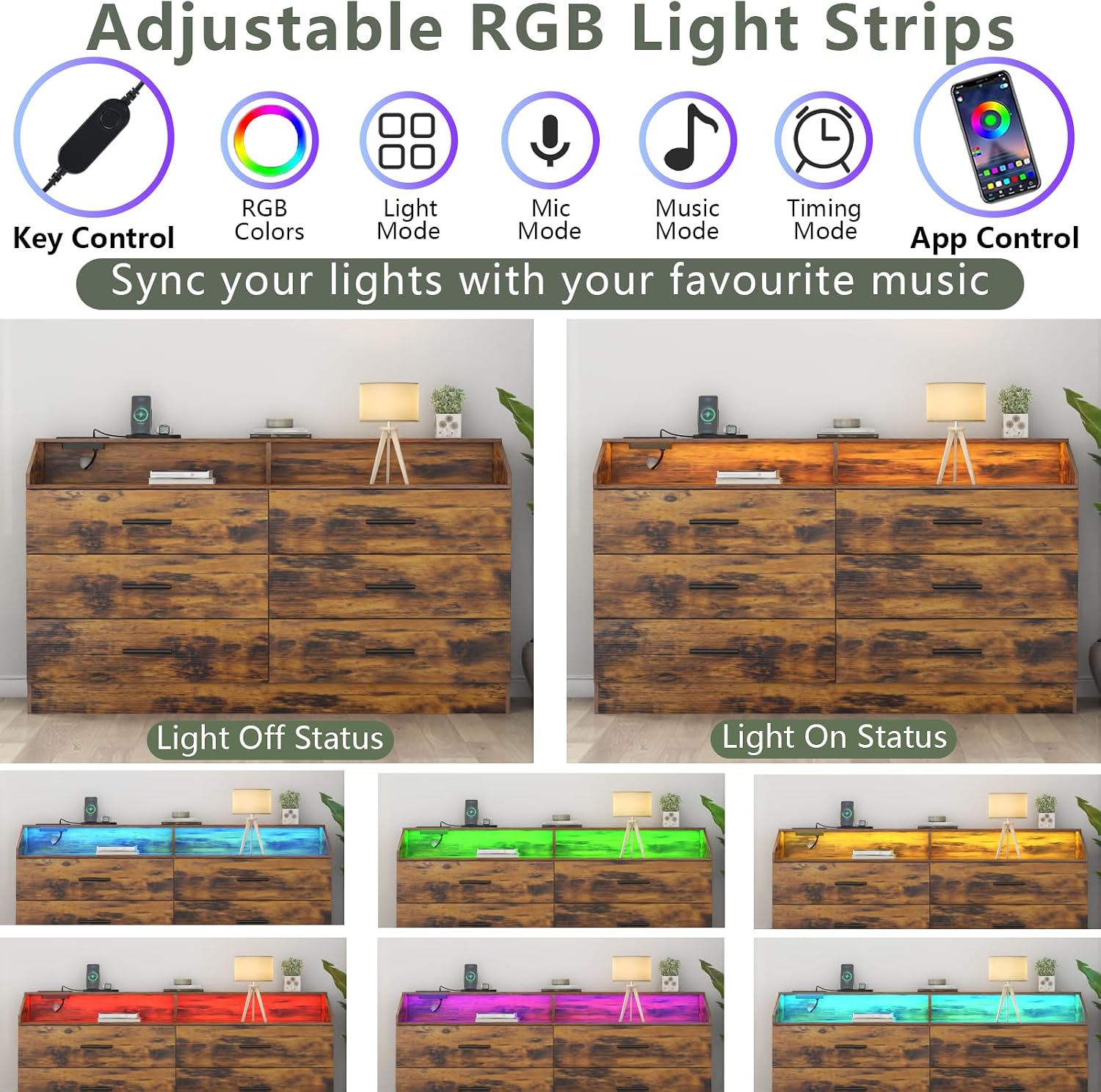 Gyfimoie 6 Drawer Dresser with Power Outlet, Chest of Drawers with LED Light, Modern Dresser with Open Storage Cubby, Double Wide Dressers Organizer for Bedroom, Living Room, Entryway, Hallway