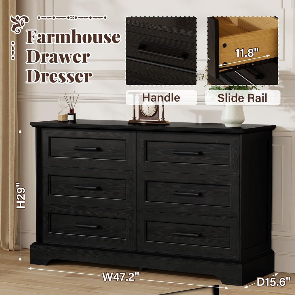 Furmax Farmhouse Dresser for Bedroom, 6 Drawers Dresser, Wood Chest of Drawers, 47.2' Wide Storage Dressers Organizer for Bedroom, Living Room, Dark Black