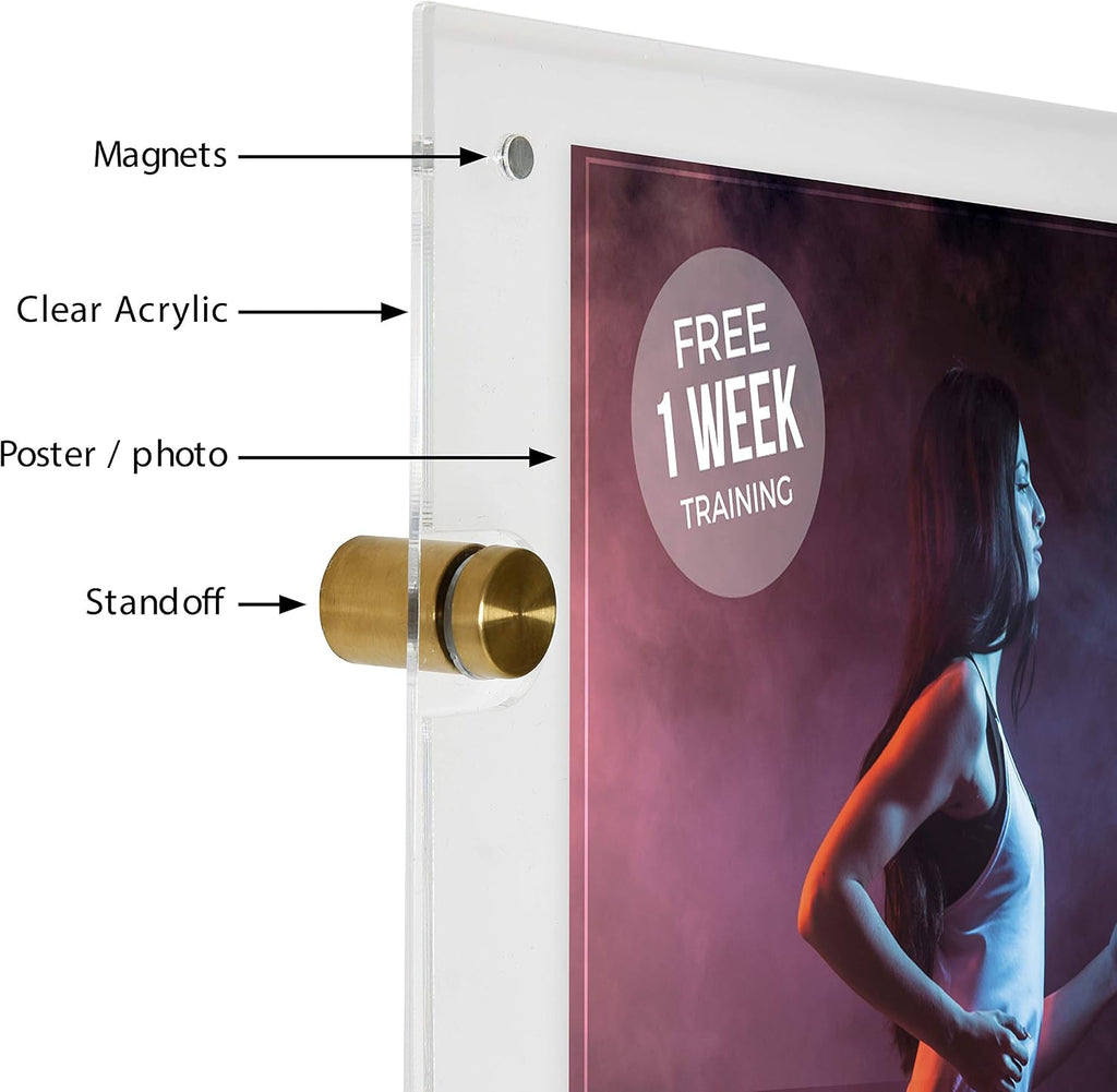 M&T Displays Wall Mount Floating Clear Acrylic Frameless Picture Frame with Brushed Gold Standoff Hardware and Magnets for 22x28 inch Sign Poster Photo Document Certificate Diploma or Display