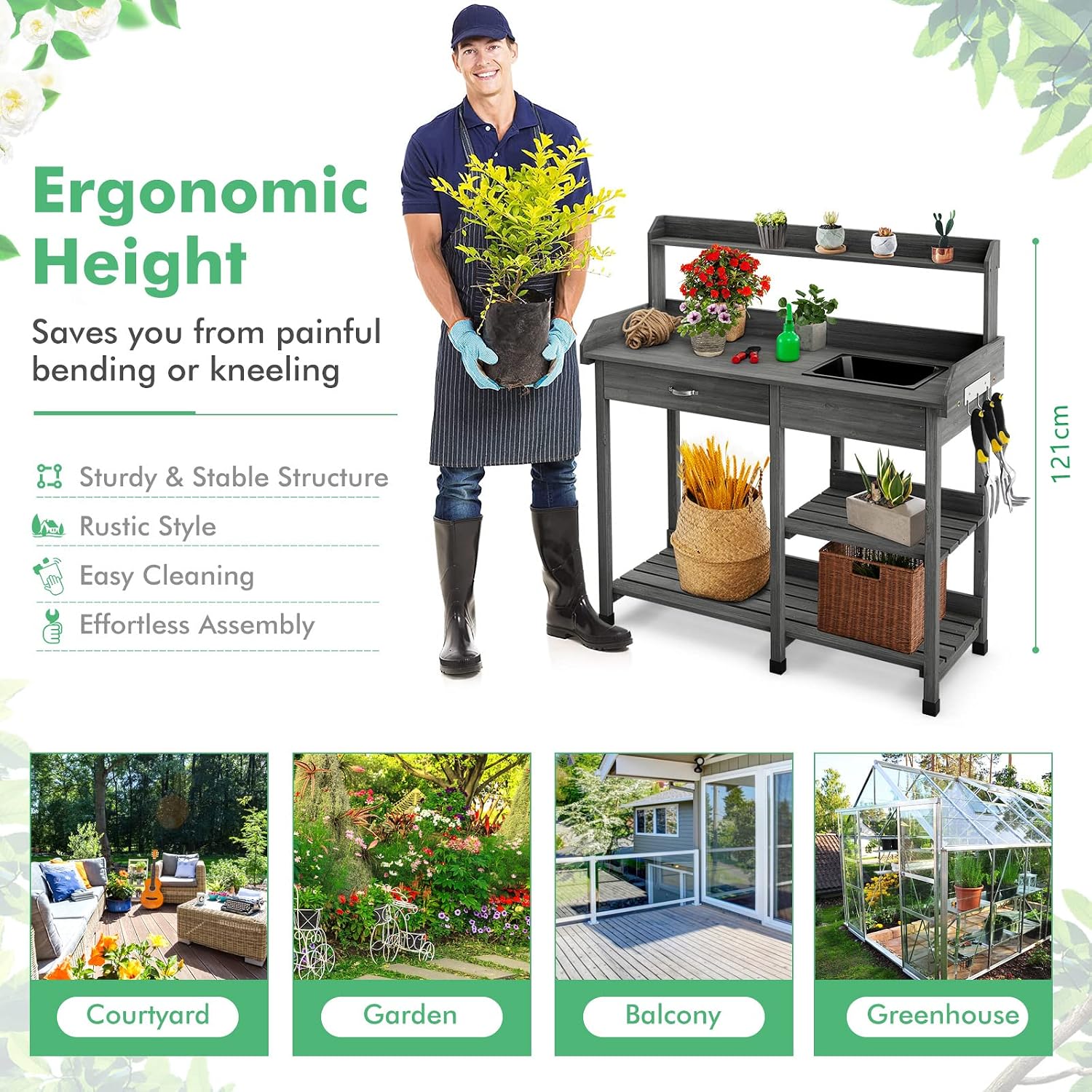 TANGZON Garden Potting Table, Wooden Potting Bench with Large Sink, Drawer, Open Shelves & 3 Hooks, Outdoor Gardening Flower Plant Workstation for Patio Balcony Yard Lawn (Grey)
